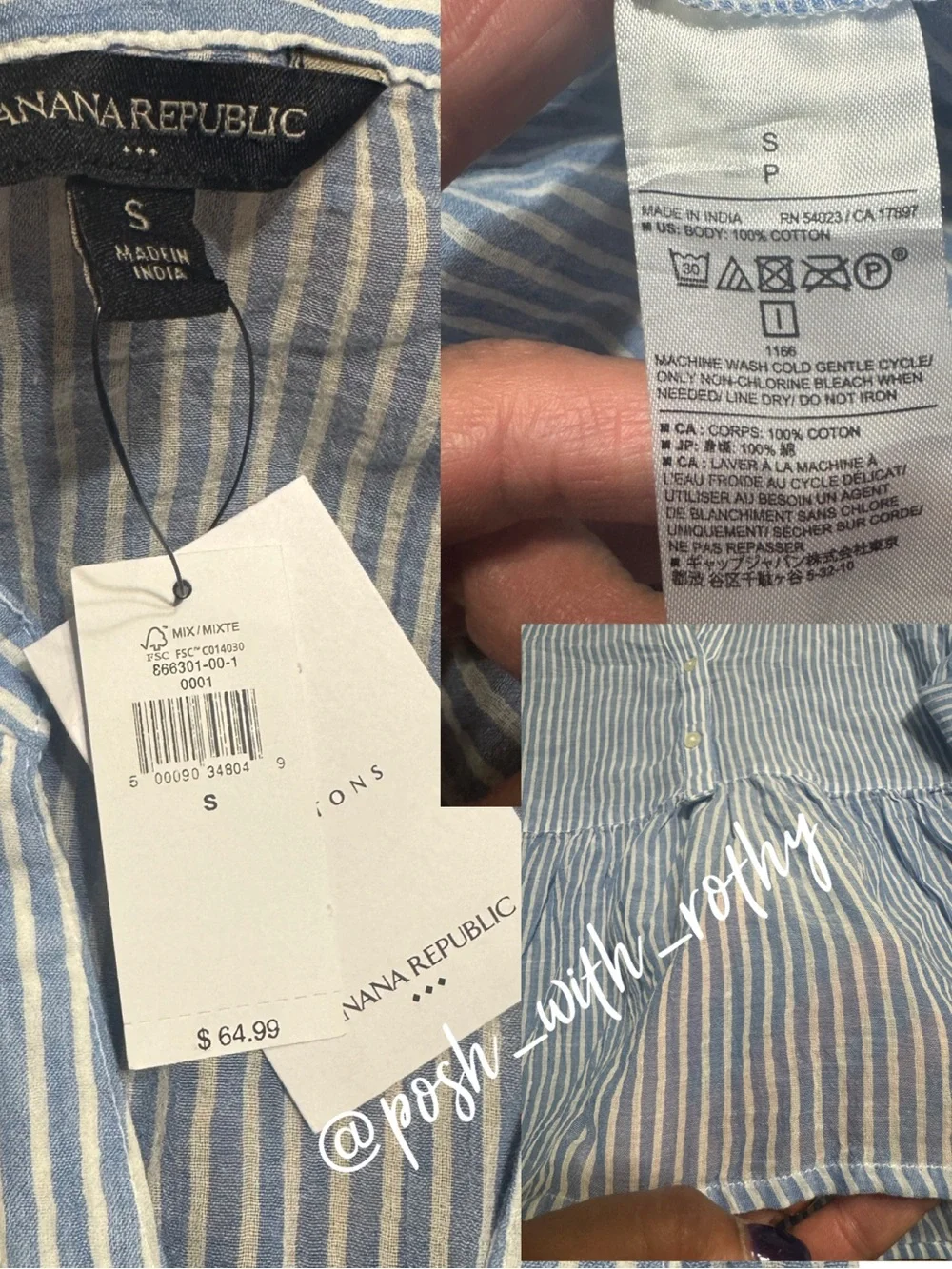 Banana Republic Blue & White Striped Peplum Button-Front Top, NWT - Picture 3 of 6